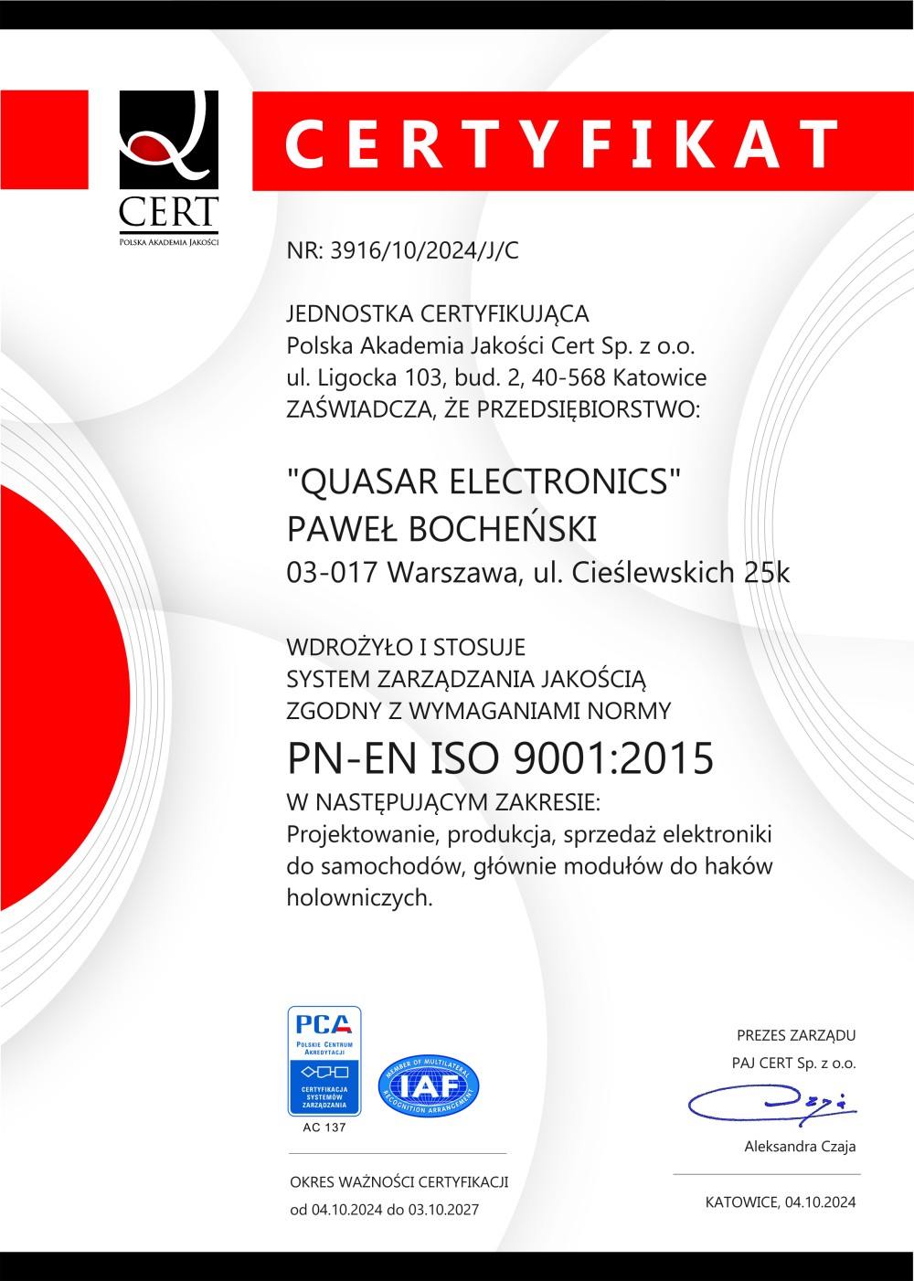 Certyfikat QE ISO 9001:2015